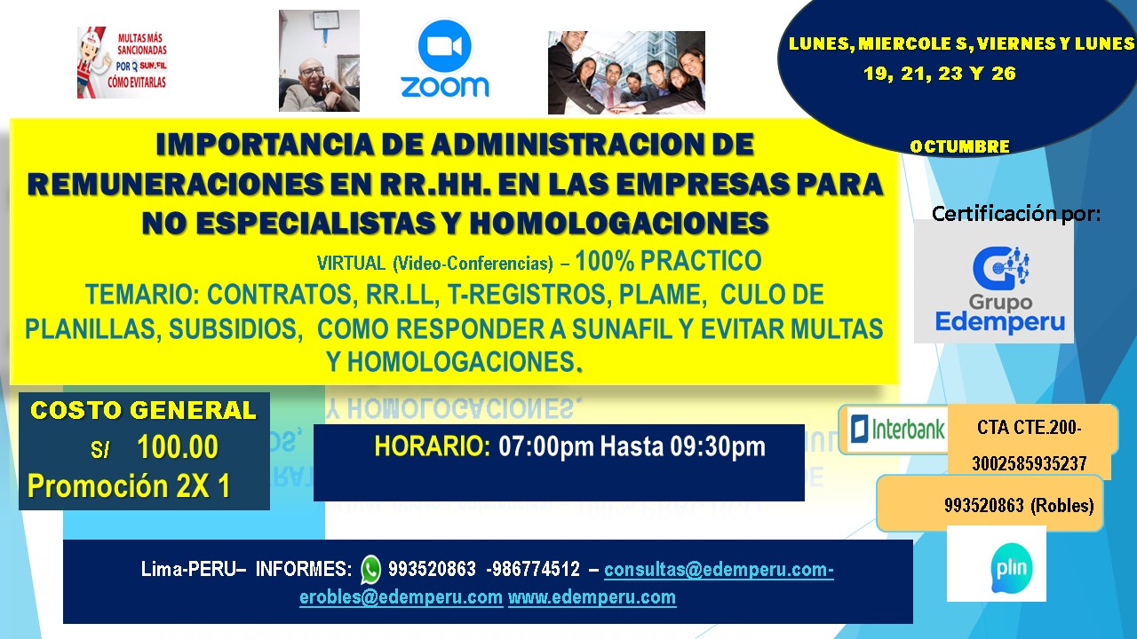 CURSO ADMINISTRACION DE PLANILLAS EN DIAS DE SEMANA